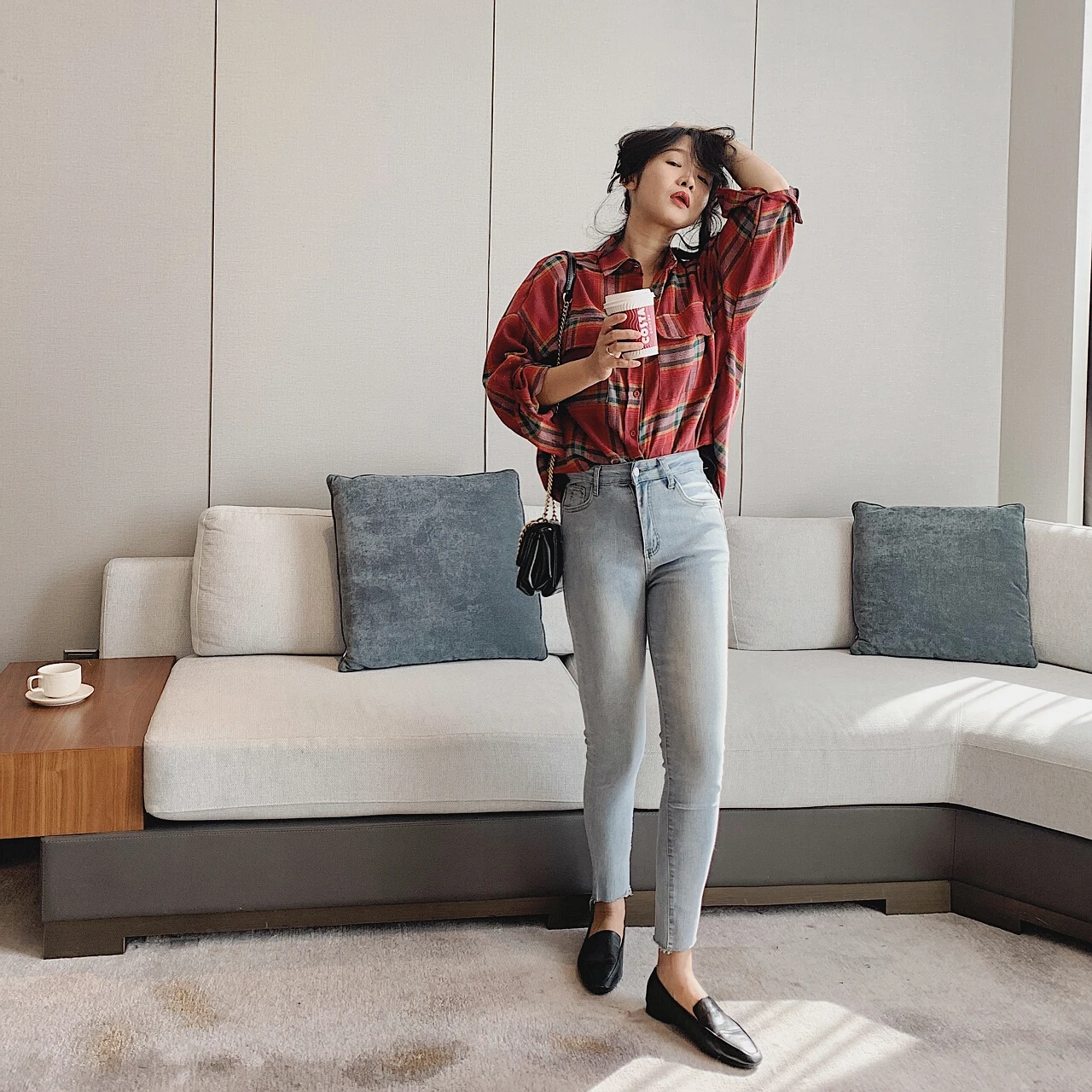 2023 Women Red Plaid Checkered Shirt Blouse Top New Woman Sweater Clothing Elegant Tunic Dress Oversize Long Sleeve Korean Sprin