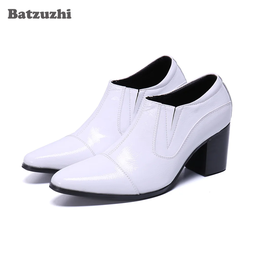 

Batzuzhi Pointed Toe Formal Leather Ankle Boots Men White Leather Ankle Boots White Wedding Boots Men Party with 7cm High Heels!