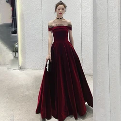 Evening Dresses Off the Shoulder Dots Burgundy Velour Pleat A-line Floor-length Plus size Customized Lace up Formal Dress A001