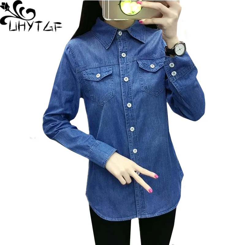 UHYTGF Large Size Denim Shirt Tops Women Spring Blouses Jacket For Women Thin Jeans Coat Long Sleeve Fashion Female Clothing 156