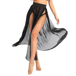 Sexy Women Sheer See Through Chiffon Maxi Skirts High Split Flowy Long Skirt Transparent Bikini Cover Up Bottoms Pool Party Club