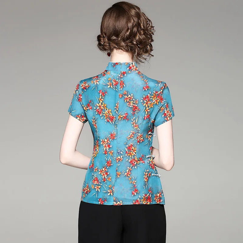 2020 New Vintage Chinese Women Traditional Silk Satin Cheongsam Shirt Short Sleeve Printing Slim Fit Short Shirts LX1844