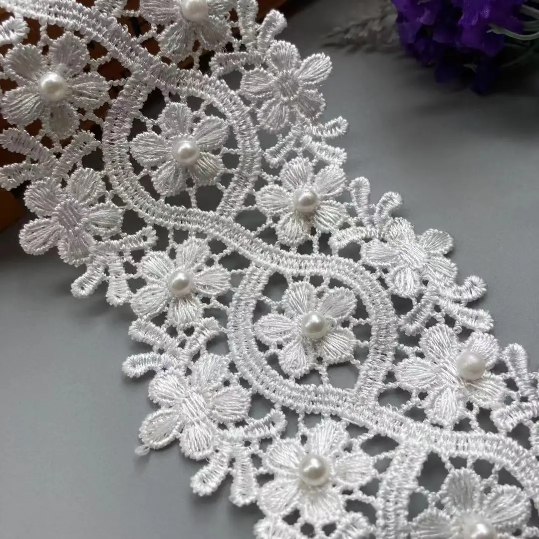 2 yard White Pearl Flower Lace Trim Ribbon Polyester Embroidered Fabric Handmade DIY Wedding Sewing Supplies Craft Decoration