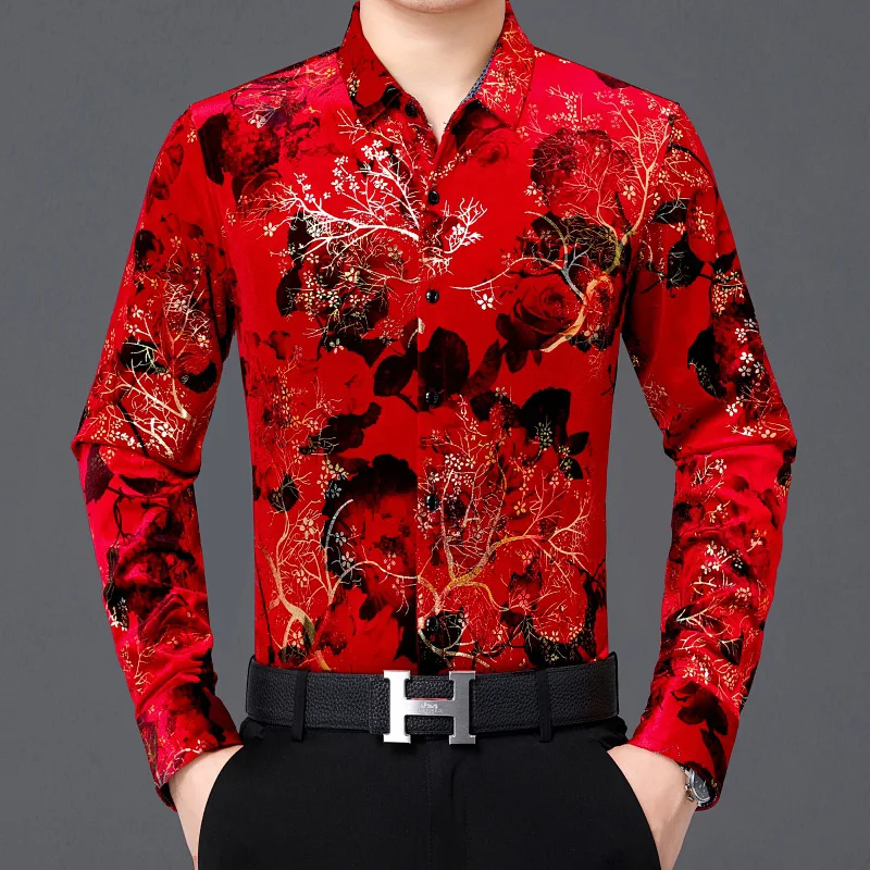 High-End Floral Carving Shirts For Men Long Sleeve Luxury Casual Spring New Fashion Quality Velvet Easy Care Chemise Homme M-4XL