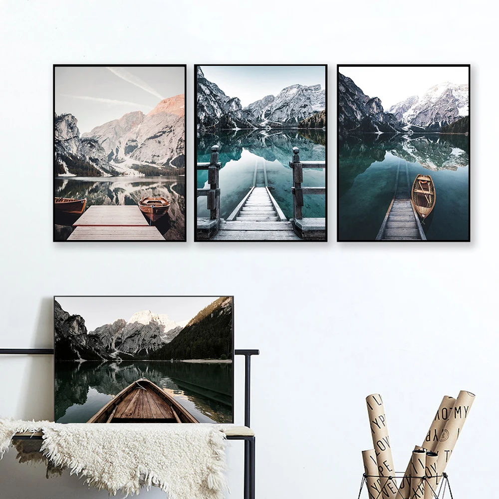 House in the lake, boat, wall, art, canvas, landscape, Nordic posters and prints, murals in the living room