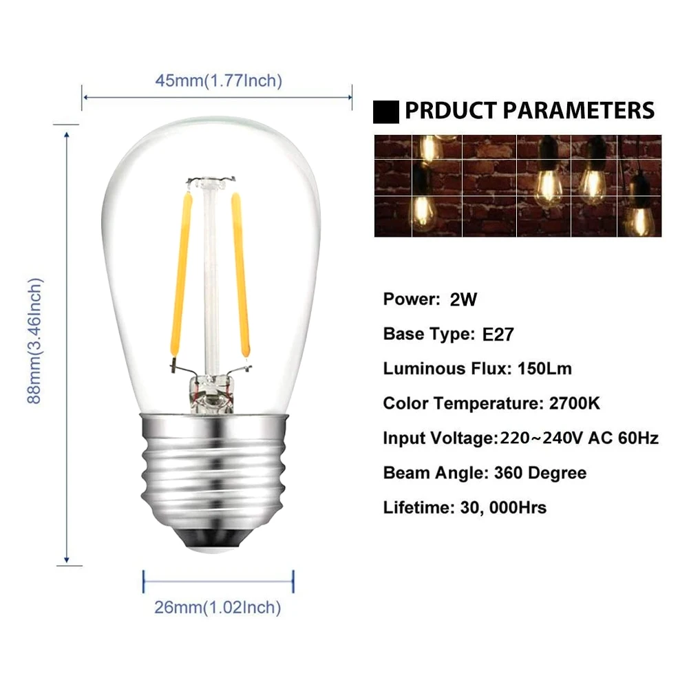 E27 LED S14 Vintage Edison Light Bulbs 110V 220V Shatterproof Waterproof 2W 2700K Warm White Outdoor String Light Bulbs