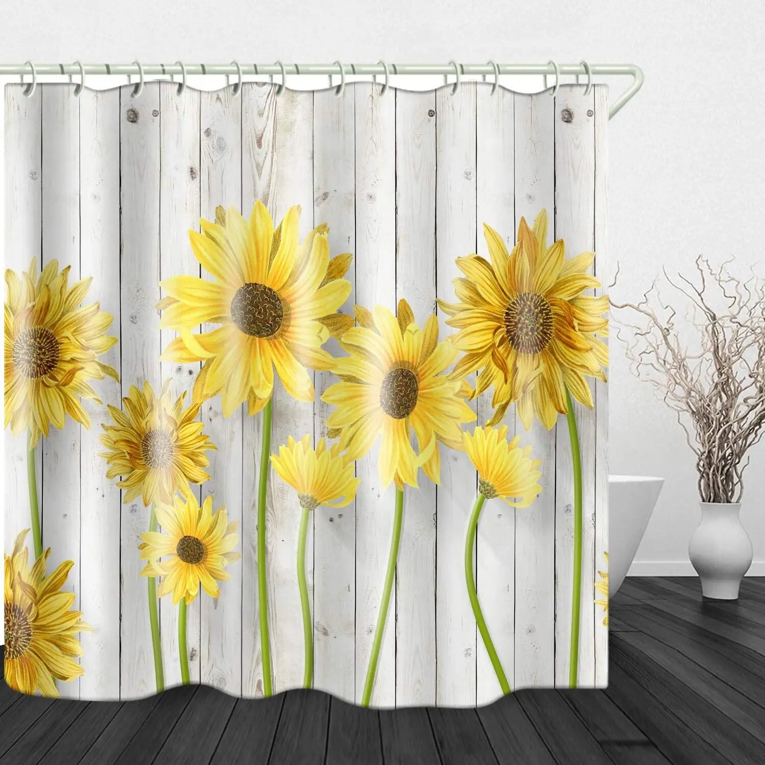 

Natural Floral Yellow Sunflower Shower Curtains Set Retro White Wooded Board Flowers Decor Chic Bathroom Bath Curtain With Hooks