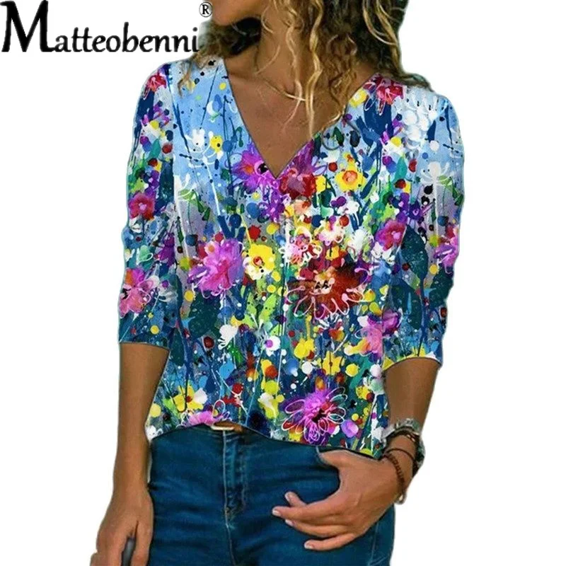 Summer New Boho Flower Blouses Womens Fashion Shirt V-Neck 3/4 Sleeve Flower Print Shirt Tops Casual Loose Ladies Floral Blouse