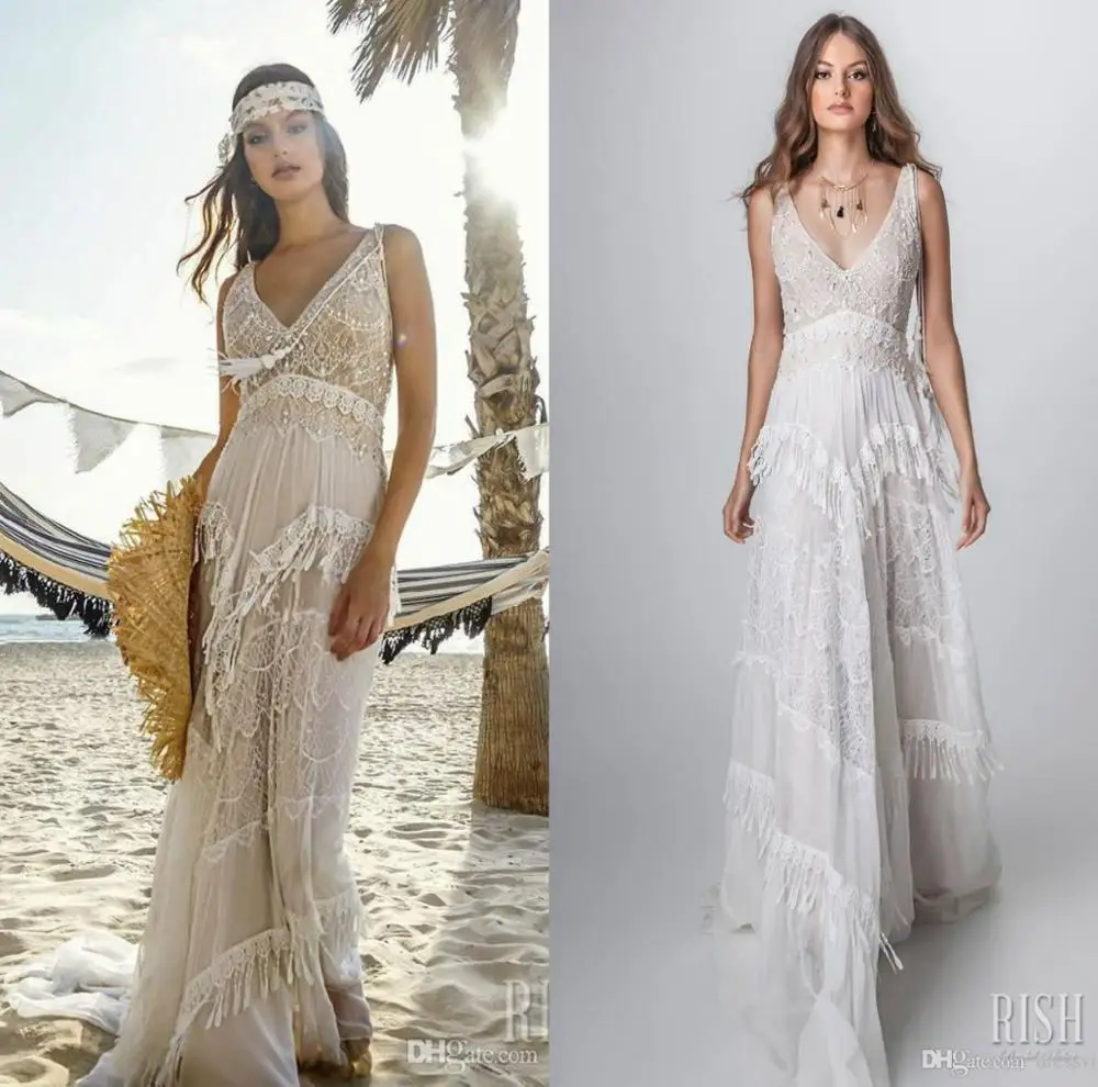 Rish-vestidos de novia bohemios con cuello en V, borla de encaje, lentejuelas, tren de barrido, diseño hueco, vestido de boda de playa, línea A personalizada, bohemio