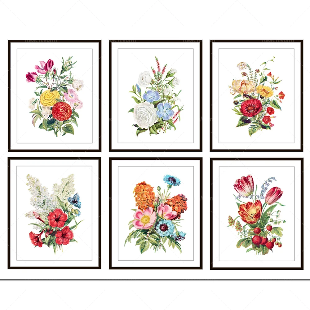 Impression de bouquet téléchargeable, 6 ensembles d'illustrations rétro, décoration murale imprimable de plantes et de fleurs