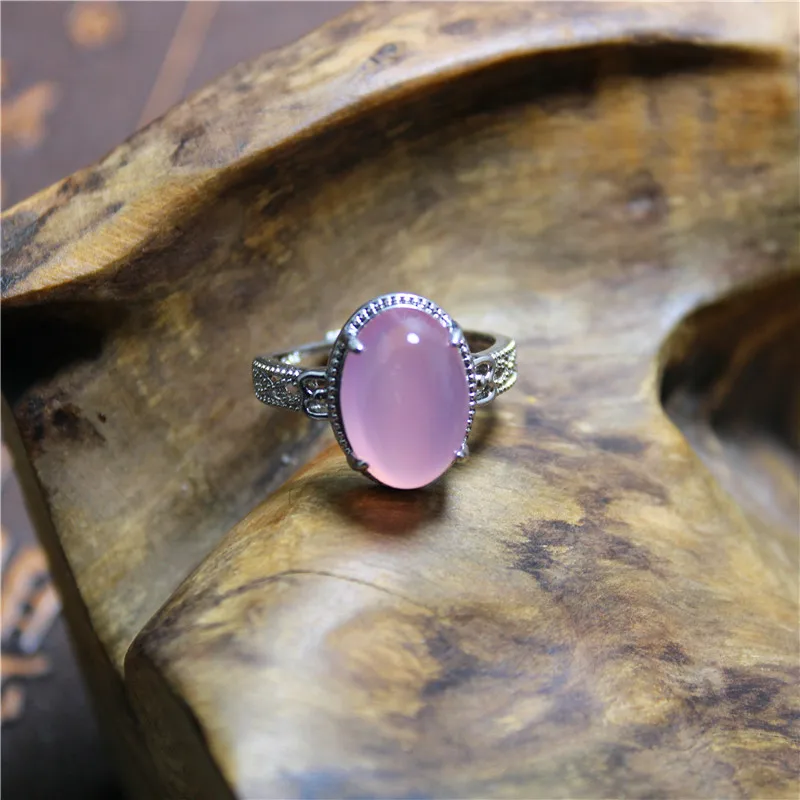 Liemjee Personality Fashion  Jewelry Pink Purple Agate Silver Plated Hollow Ring For Women Feature Concise Namour Charm Gift