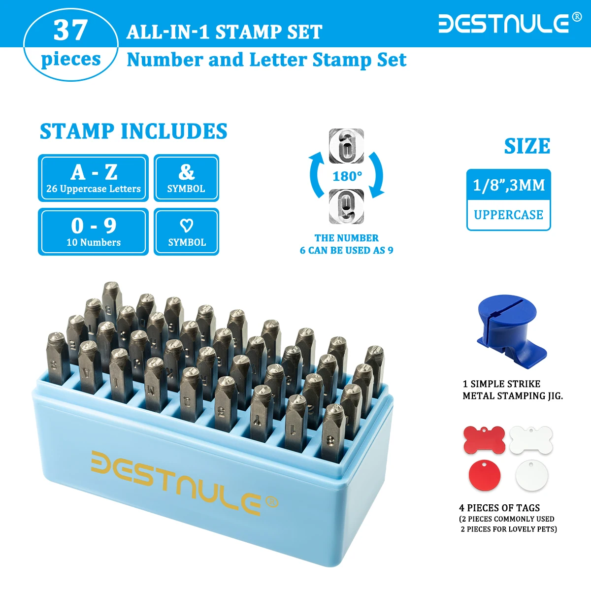 BESTNULE Number and Letter Stamp Set (A-Z, 0-9 and “&”, “Love” Symbol), Industrial Grade Hardened Carbon Steel (1/8”, 3mm)