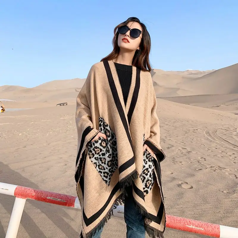 Fashion Women Leopard Print Cashmere Scarf With Pocket Winter Poncho Shawl Travel Blanket Scarves Pashmina Echarpe Mujer Bufanda