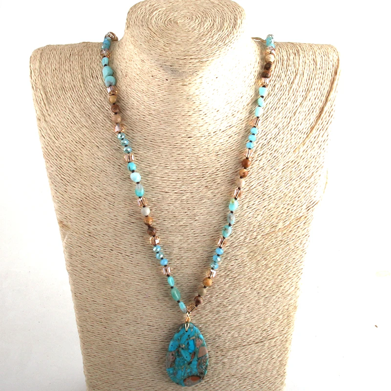 RH Fashion Bohemian Jewelry 6mm Natural Stones Crystal With Semi Precious Dorp Pendant Necklaces For Boho Necklace