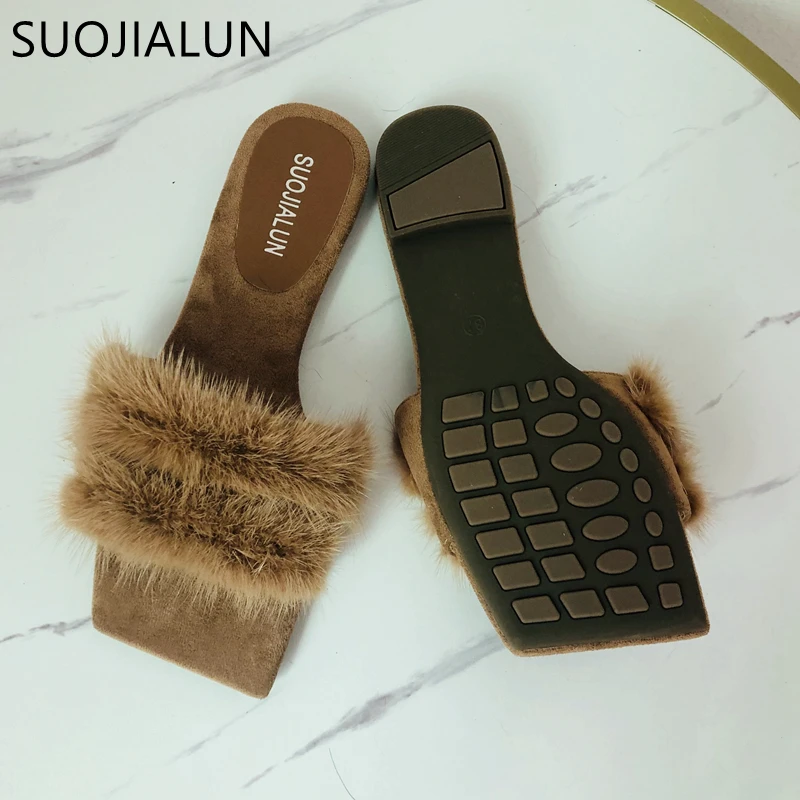 SUOJIALUN 2020 Hot Women Furry Slippers High Quality Plush Real Hair Fluffy Sandals Comfortable Soft Sole Winter Warm Fur Slides