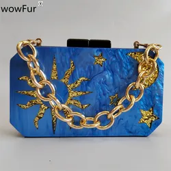 Women Evening Clutch Acrylic Box Clutch Female Pearl Blue Moon And Star Day Clutches Wedding Purse Party Shoulder Chain Hand Bag