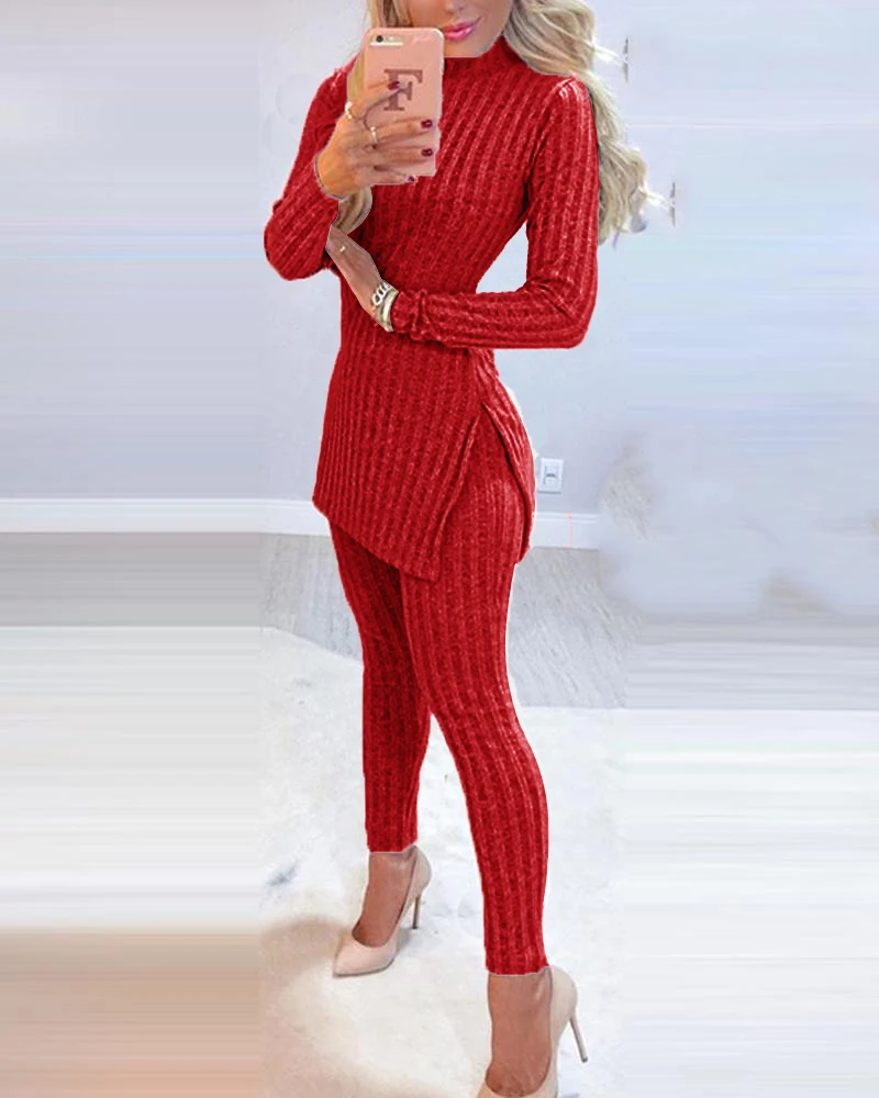 Fall Winter Knitted 2 Piece Suits Women Long Sleeve Ribbed Slit Long Top and High Waist Pencil Pants Set Fashion Outfit