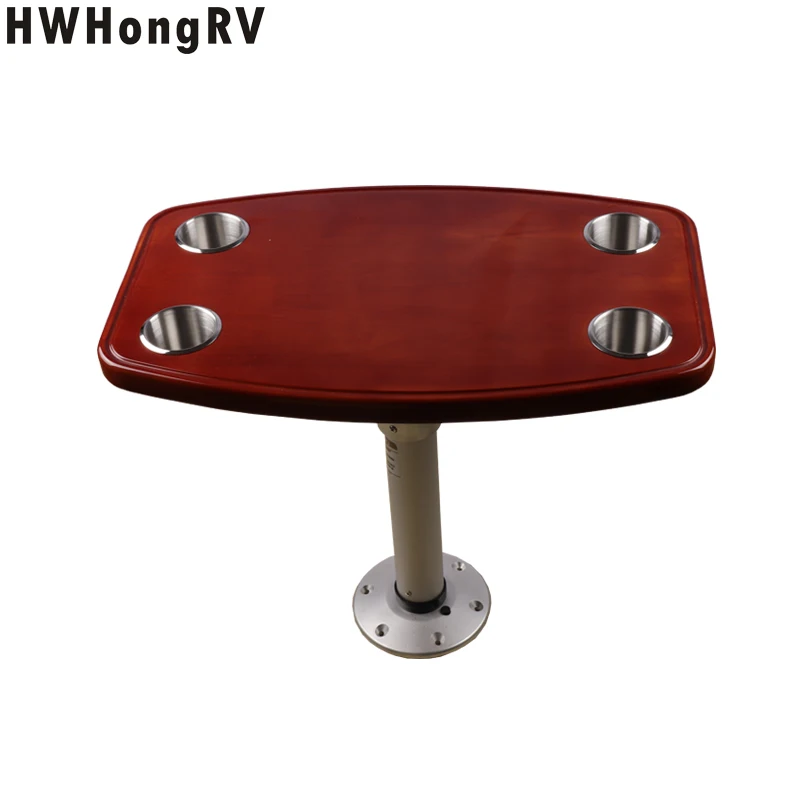 Red Lifting Table for Motorhomes: Wood and Aluminum Build with Four Cup Holders for Added Convenience