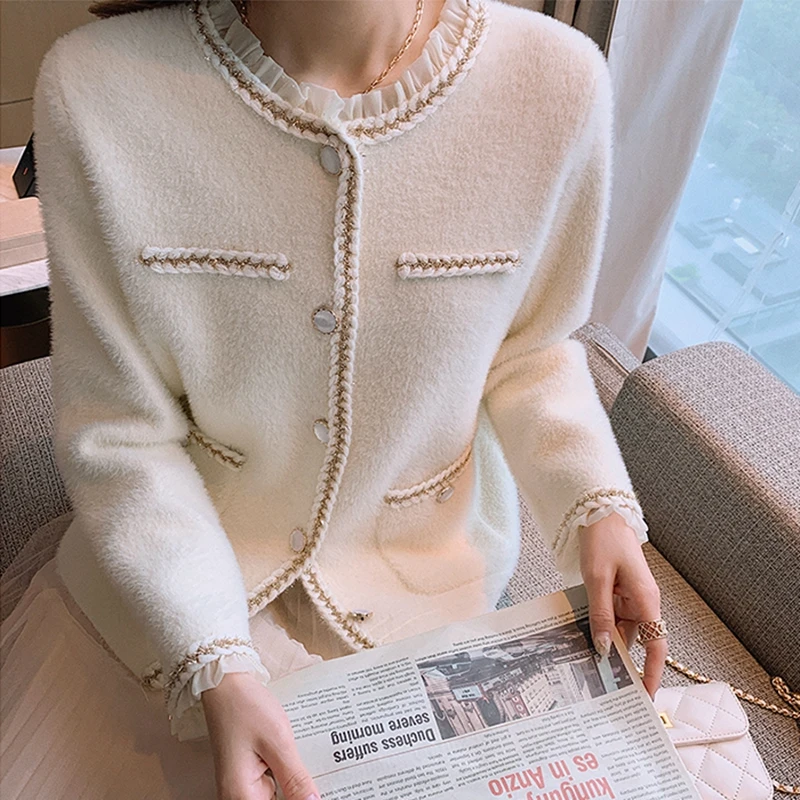 

Graceful Knitted Sweater Imitation Mink Velvet Coat Female 2021 Autumn/Winter Coat Temperament Loose Knitted Cardigan Tops