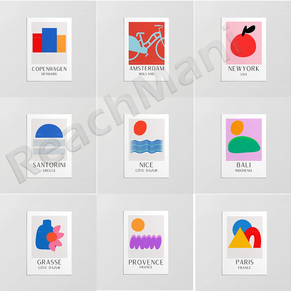 Bali, Grasse, Provence, Cannes, Amsterdam, New York, Paris, Sydney, Los Angeles, Santorini, Bali cities medieval travel posters
