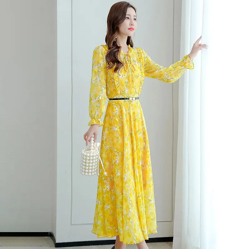 Elegant A-line Floral Long maxi Dress Women Sweet Ruffile Print Long Sleeve Chiffon Dresses Chic Slim Waist Pink Party Dress