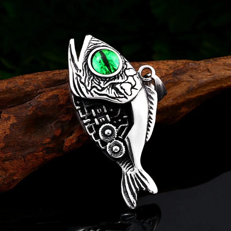 Beier 316L stainless steel Unique 3D Design Fish Bones Green Evil Eyes Men\'s Pendant Punk Animals High Quality Jewelry LLLHP093P