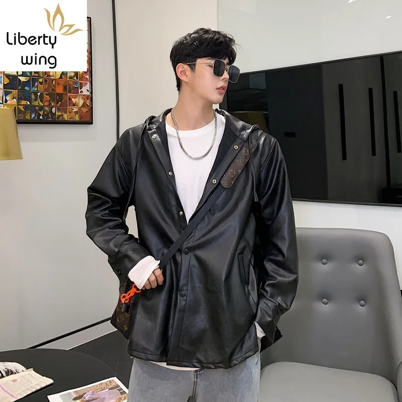 

Motorcycle Korean Mens Casual PU Leather Jackets Autumn Long Sleeve Single Breasted Loose Male Fashion Outerwear Hooded Coats