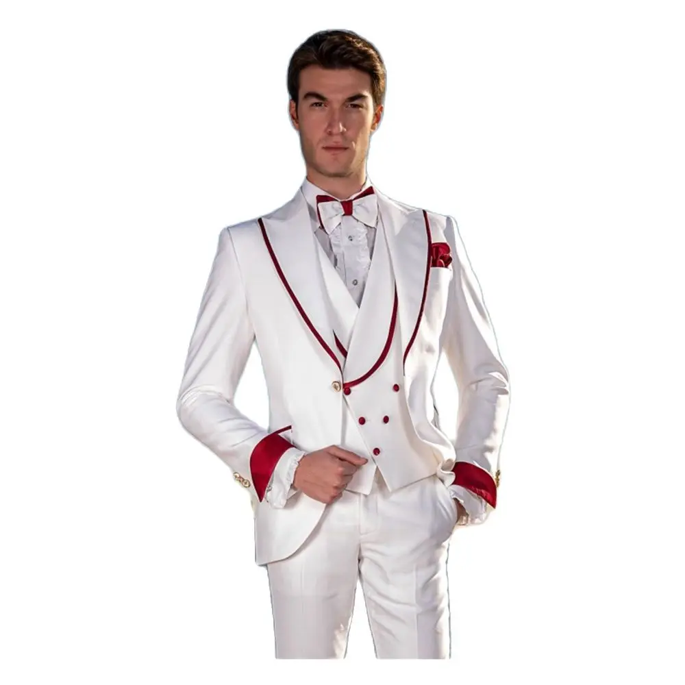 

Custom Made White Men Suits Wedding Tuxedo Peak Lapel Blazer Trousers Groom Party Wear Clothing Casual 3Pcs Jacket Pants Vest