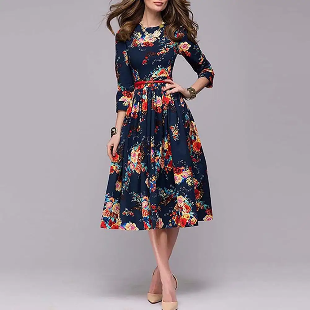 Women Dress Elegant Vintage Floral Print O Neck Long Sleeve Lace-up Waist Flared Loose A Line Midi Dresses Party