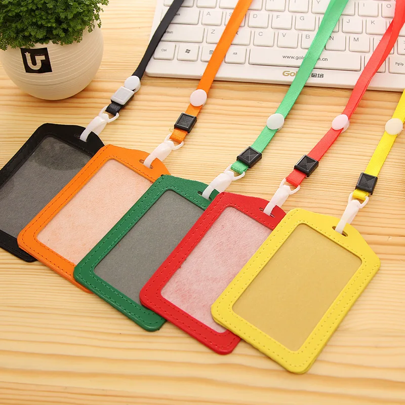 1 PC PU Leather ID Badge Case Clear Color Border Lanyard Holes Bank Credit Card Holders ID Badge Holders Accessories student