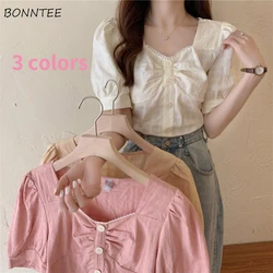 Blouses Women Summer Solid Simple Tops Students Sweet French Style Fashion New Button All-match Leisure Holiday Soft Puff-sleeve