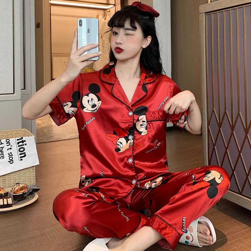 Pijama con estampado de Mickey y Minnie para mujer, pantalones de manga corta de seda de hielo, traje fino de servicio a domicilio, Verano