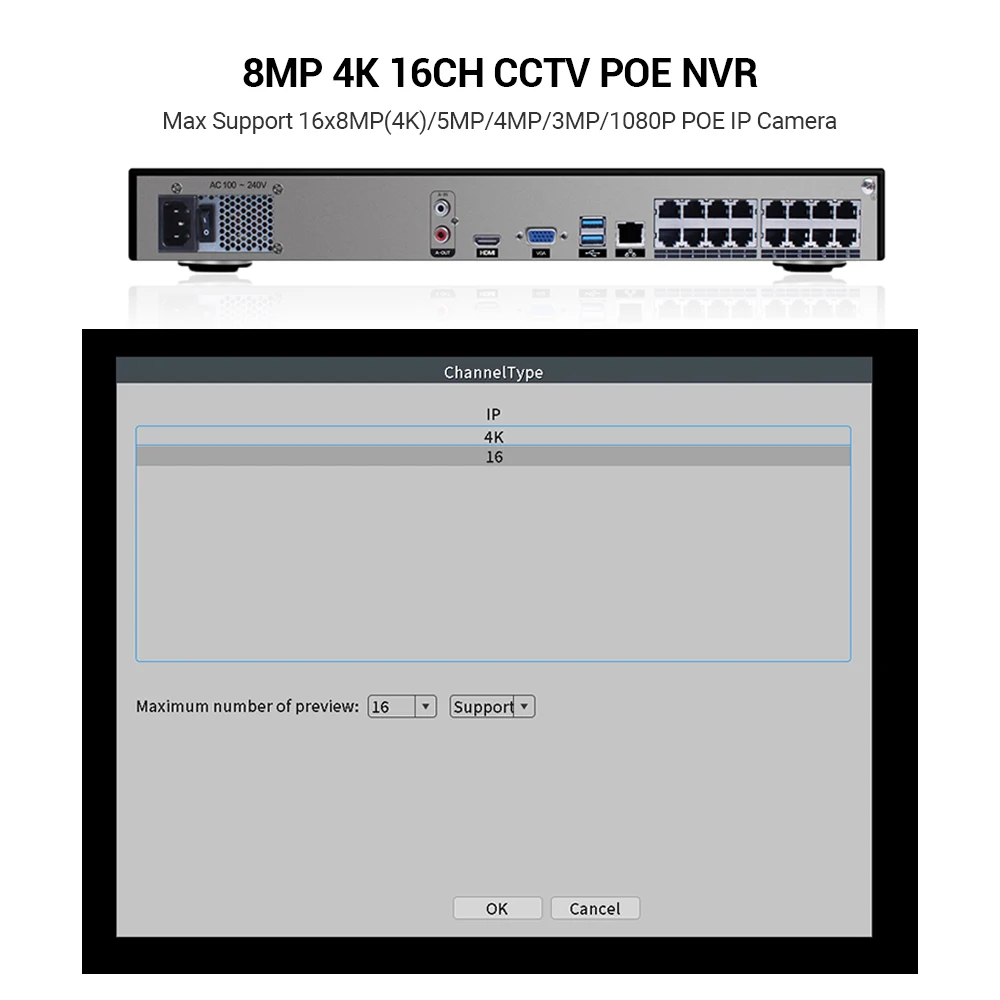 Imagem -04 - Gravador de Vídeo em Rede Nvr para Câmera Poe Detecção Facial Nuvem Xmeye Sistema de Vigilância H.265 48v Poe 16ch 4k 8mp Cctv