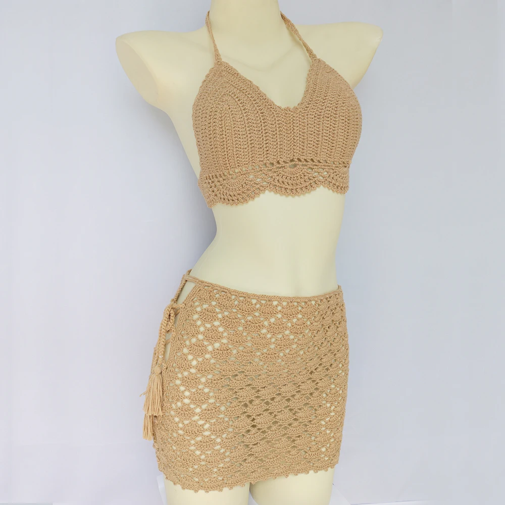 Summer Women\'s 2 Pieces Swimsuit Crochet Bikini Top With Chest Pad And Bandage Hollow Out Mid Waist Beach Skirt Bikini Cover Up