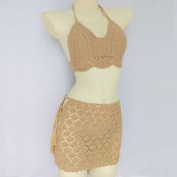 Summer Women's 2 Pieces Swimsuit Crochet Bikini Top With Chest Pad And Bandage Hollow Out Mid Waist Beach Skirt Bikini Cover Up