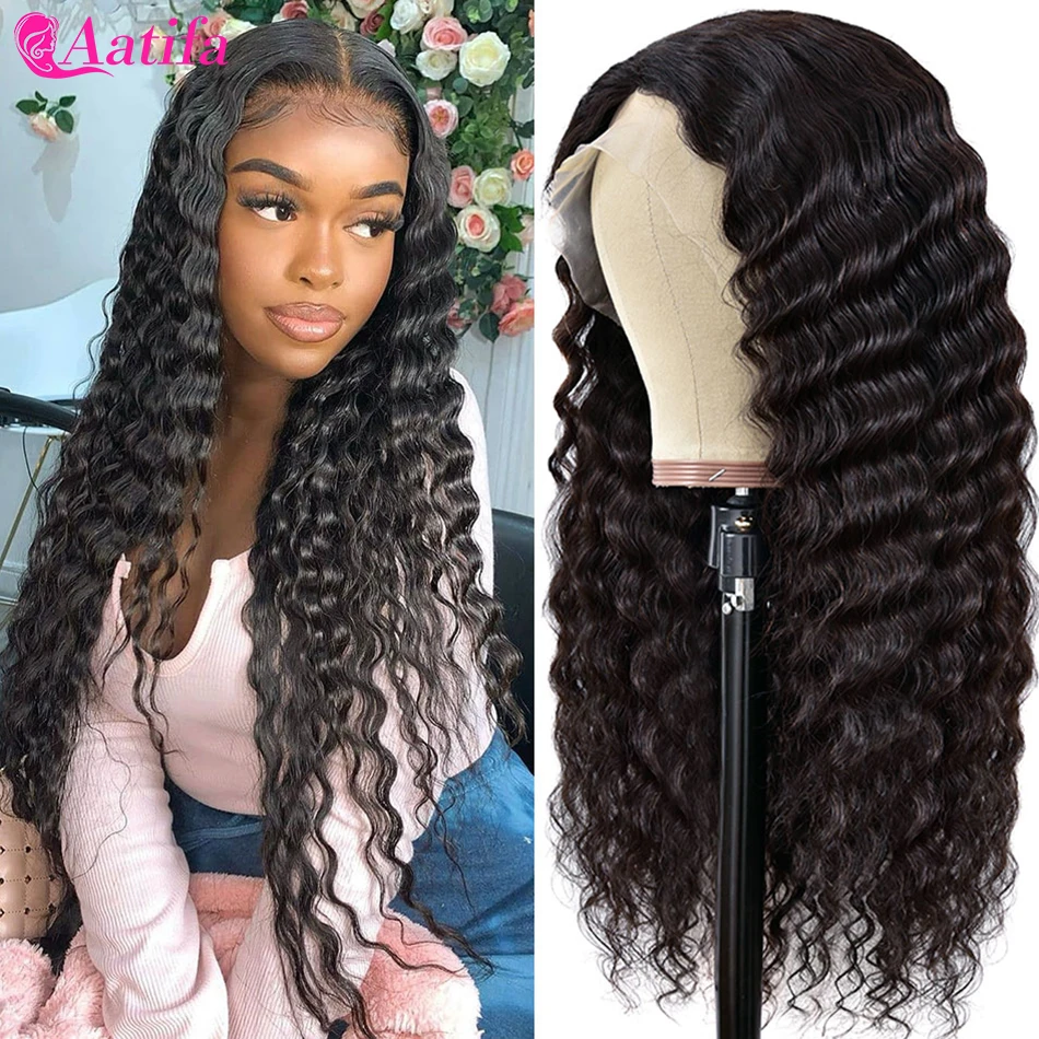 Transparent Lace T Part Wigs Deep Wave Human Hair Wigs Lace Closure Wigs 30 Inch Brazilian Remy Hair With Baby Hair Aatifa wig