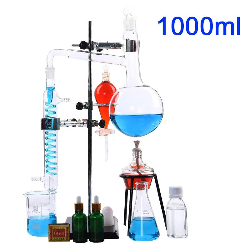 100ml-2000ml New Lab Essential Oil Distillation Apparatus Water Distiller Purifier Glassware Kits W/Condenser Pipe Full Sets