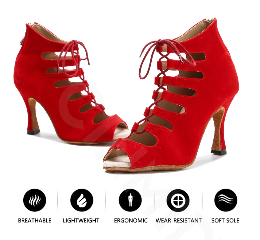 Schwarze Latein-Tanzschuhe für Damen Tango Salsa Rumba Ballroom Satin Tanzstiefel Damen Rote Sexy Pole Dance Schuhe Damen High Heels – Detail 4