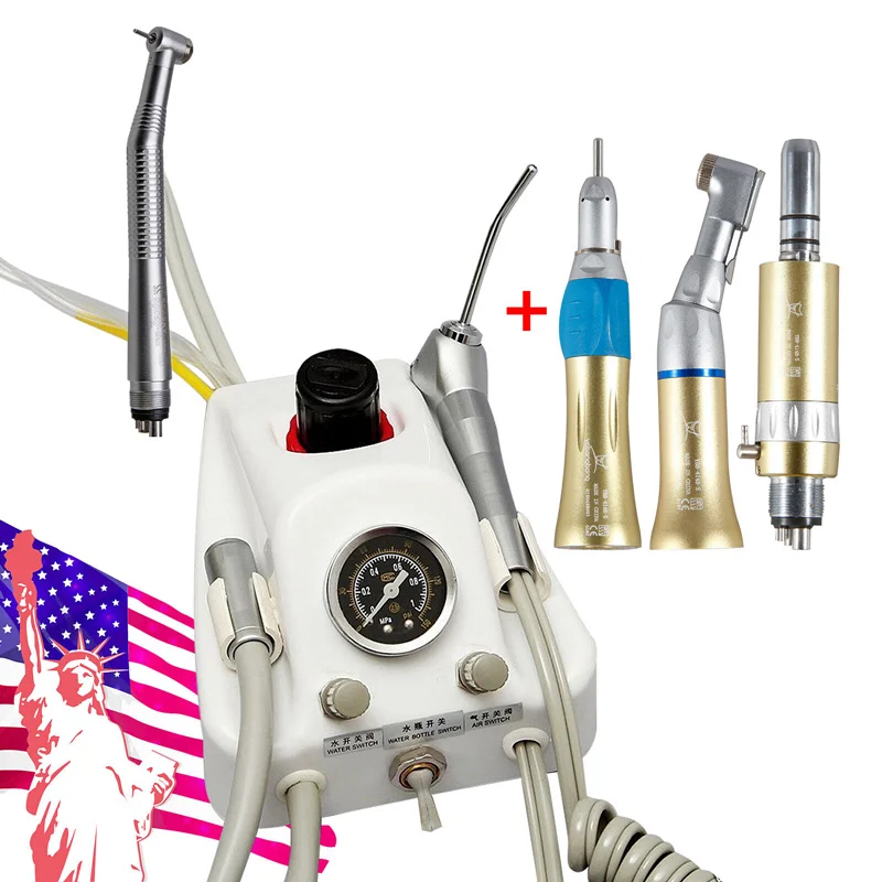 Dental Portable Air Turbine Unit+ High Low Speed Contra angle Striaght Handpiece Air Motor 4 Hole +10 Dental Drill Burs