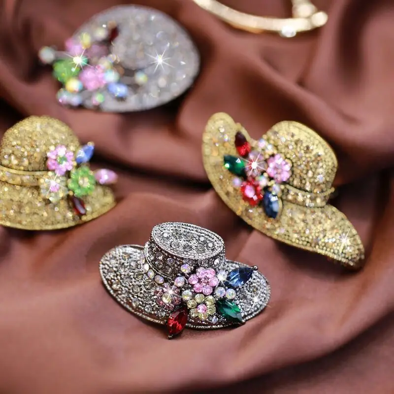 Vintage Fashion Antique Gold Color Rhinestone Hat Brooches for Women Wedding Corsage Accessories Pins High Quality