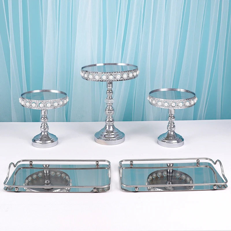 5pcs/Lot  Silver Peral cake stand set Cupcake Display Stand Dessert Wedding Birthday Party Dessert Cupcake Plate Rack