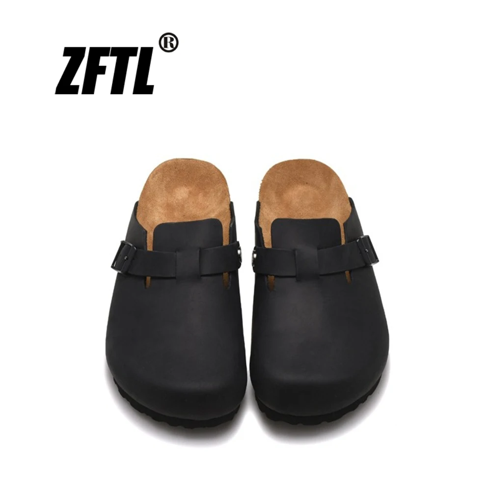 ZFTL Cork Slippers Genuine Leather Round toe slippers Couple slippers Man Outdoor Casual Sandals Women Suede sandals Brand