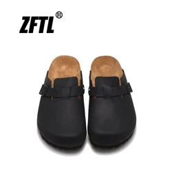 ZFTL Cork Slippers Genuine Leather Round toe slippers Couple slippers Man Outdoor Casual Sandals Women Suede sandals Brand