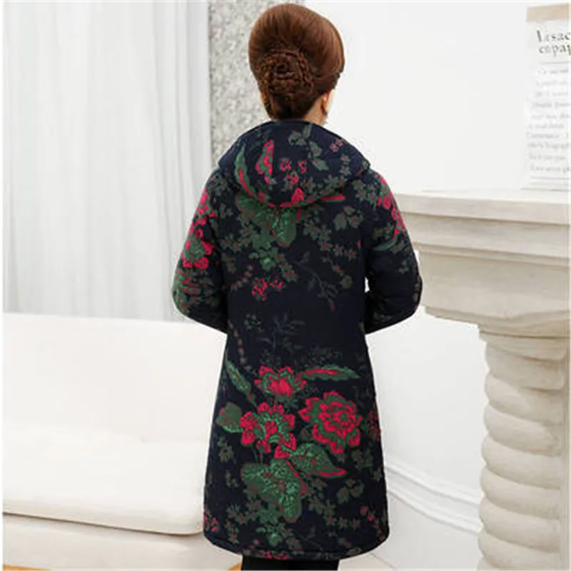 Winter Parkas women cotton jacket flocking thicken warm ethnic wind cotton coat middle-aged printed coat  A258