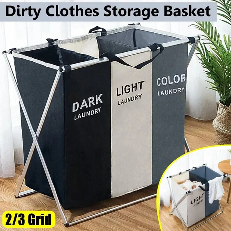 Foldable Three-Compartment Household Laundry Basket Waterproof Large-Capacity Oxford Cloth Dirty Clothes Sorting Storage Bag