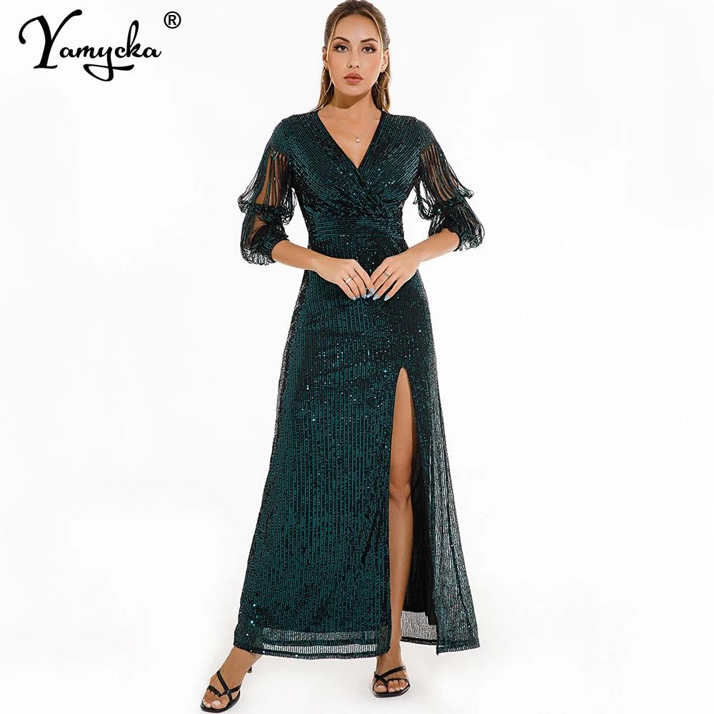 Sexy Vintage Green Sequin summer maxi dress women elegant bodycon party long wedding dress christmas evening dresses vestidos HL