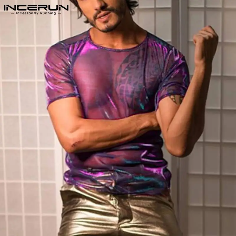 INCERUN 2024 Men T Shirt Mesh See Through Shiny O Neck Short Sleeve Sexy Tee Tops Streetwear Solid Party Nightclub Men Clothing