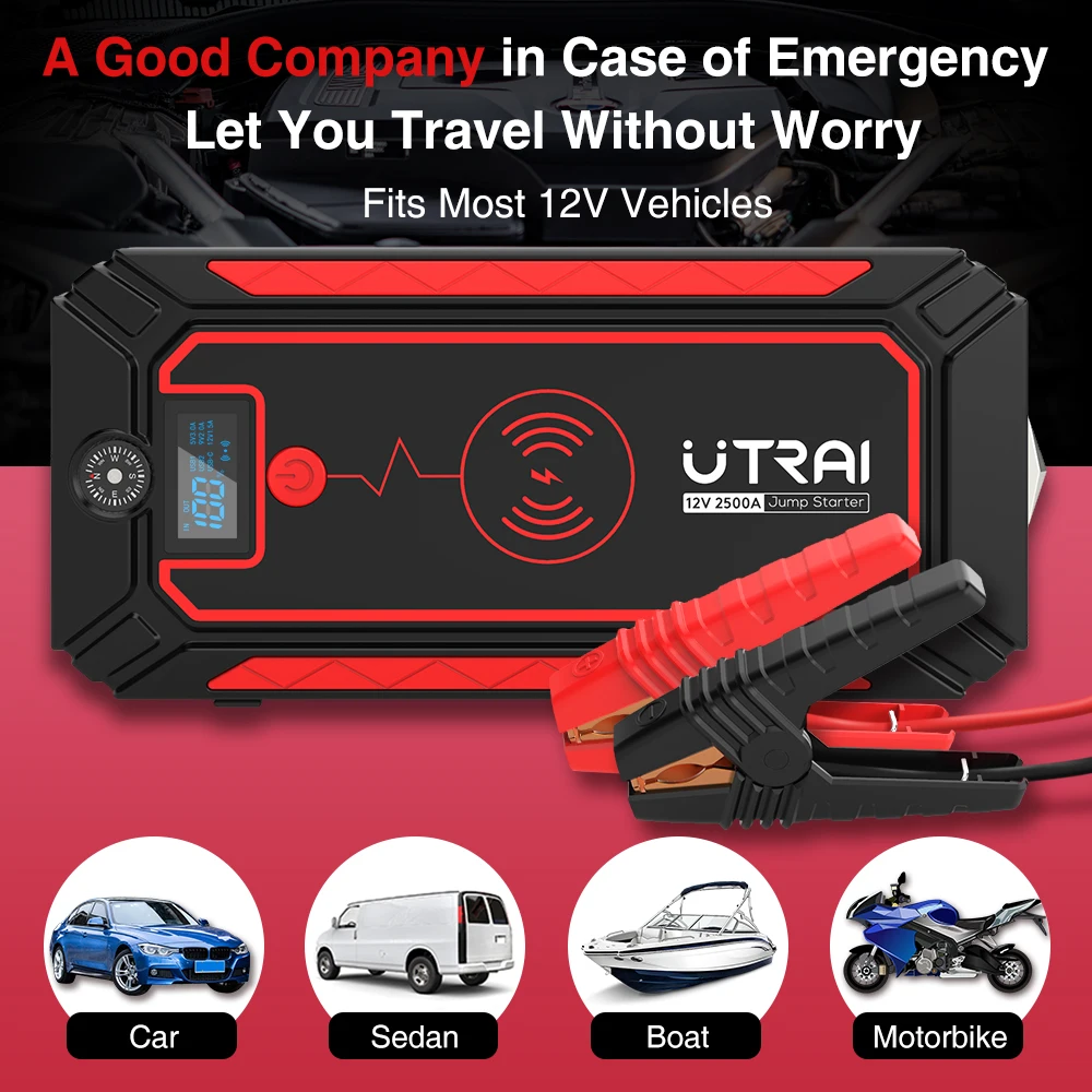 Car Jump Starter  2500A Power Bank Car Battery with 10W Wireless Charger LCD Screen Safety Hammer Jump starter