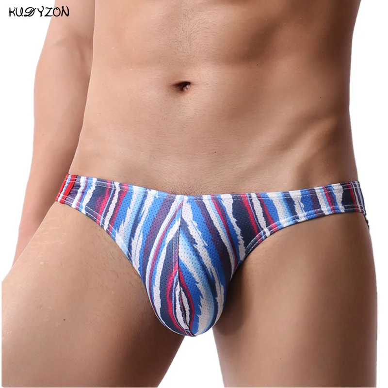 KUDYZON Sexy Gay Underwear Men Printed Briefs Low Waist Male Panties Cuecas Calzoncillos U Pouch Jockstrap Mesh Bikini Brief