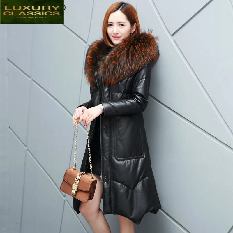 Down Winter Jacket Women Coat Female Genuine Leather Jacket Women Real Sheepskin Coats Fur Hooded Long Outwear LWL1201